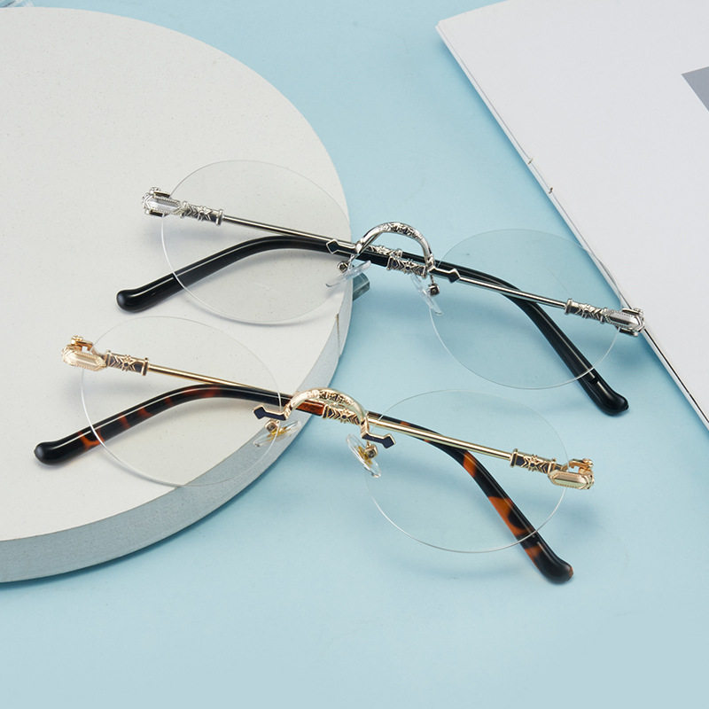 新款防蓝光平光镜无框老花眼镜金属架椭圆形复古商务眼镜成品近视