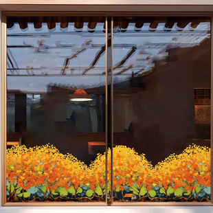 油画风秋天枫树风景贴纸静电艺术底纹幼儿园画室橱窗玻璃门装饰