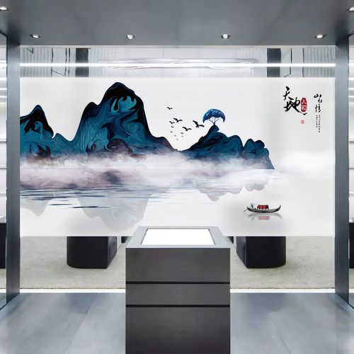 高山流水意境风客厅免胶静电贴膜