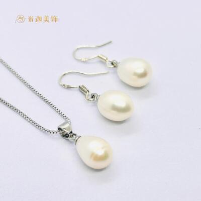 真珍珠·天然淡水珍珠水滴形S925银防过敏耳环项链套装-米迦美饰