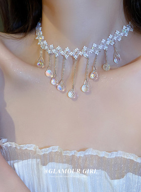 欧美小众设计感人造水晶款流苏项链网红潮流颈链时尚气质新款项饰