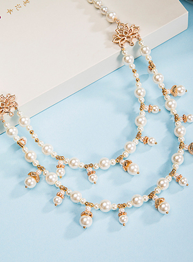 双层莲花汉服璎珞项链女珍珠双层古风明制配饰复古旗袍古装项链