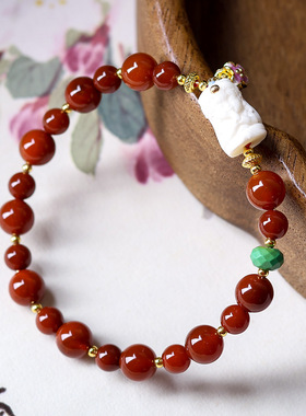 南红玛瑙新中式手链文玩根付扎基拉姆国风原创设计手串本命年红色