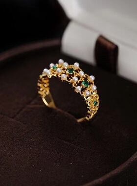 复古雕刻蕾丝祖母绿镶嵌贝珠开口戒指镀金个性高级感热卖