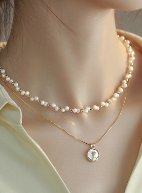 玫瑰花叠戴双层珍珠项链配饰女夏季感锁骨链轻奢小众颈链饰品