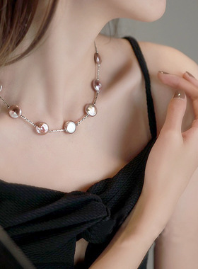 真珍珠·生长纹不规则-天然淡水巴洛克珍珠项链彩色锁骨链女
