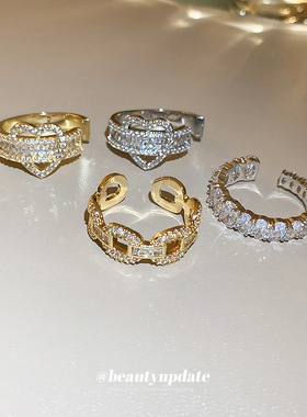 真金电镀锆石爱心链条开口戒指东大门时尚设计感食指戒百搭手饰女