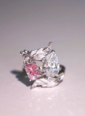 落叶超仙粉色锆石镶嵌锆石戒指女重工微镶精致轻奢百搭个性设计感