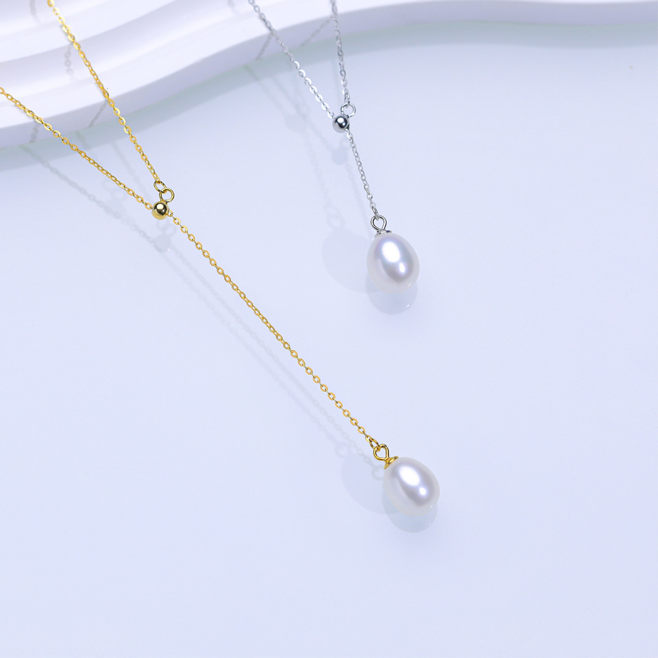 天然淡水米形珍珠吊坠s925纯银项链女水滴形可调节感饰品