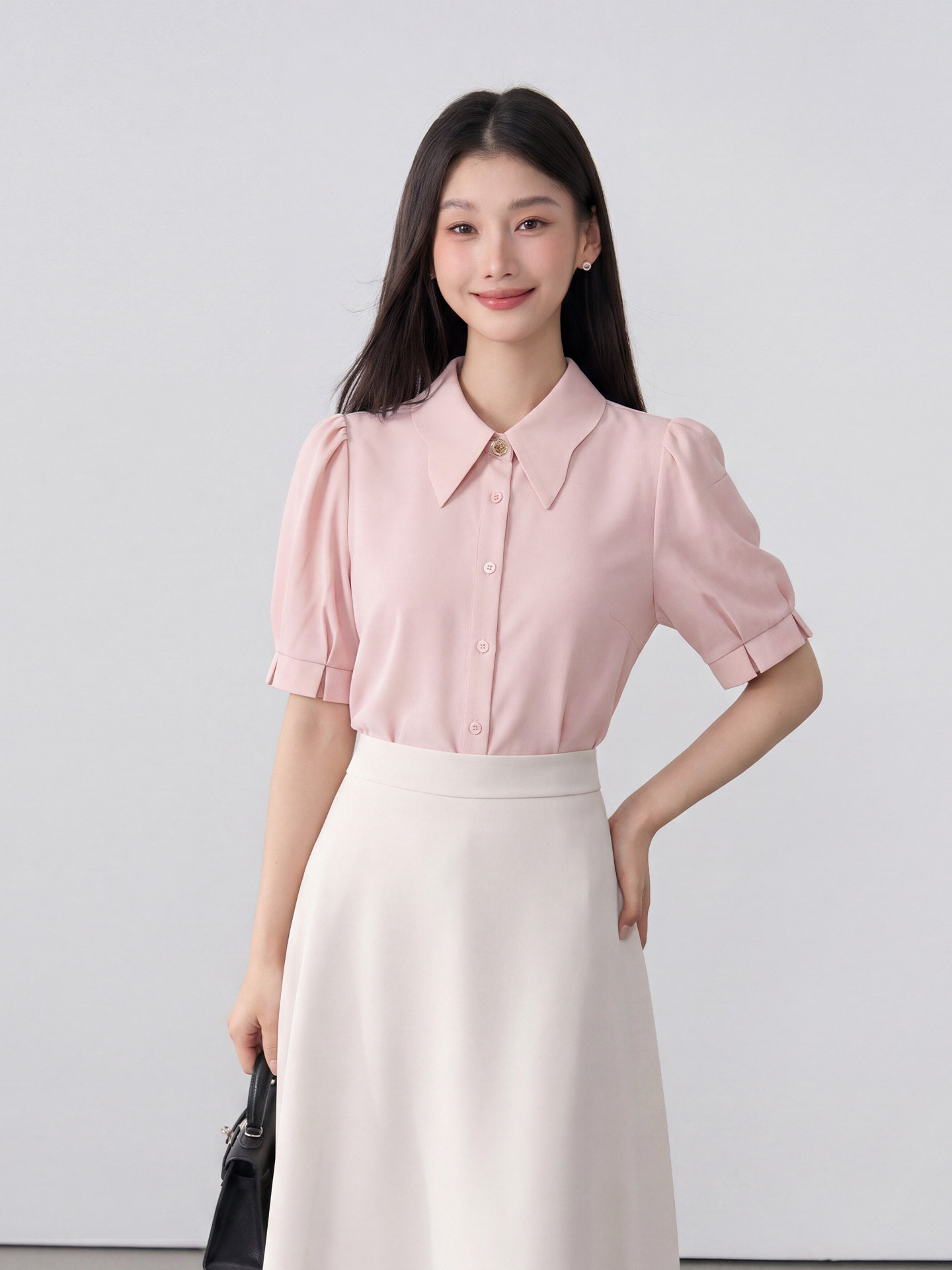 【offer衫】伯德小姐粉色飘带短袖衬衫女夏面试通勤职业正装衬衣