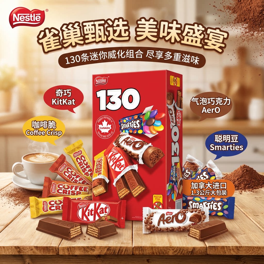 国内现货加拿大Nestle雀巢4种口味混合装威化饼干巧克力零食1.3kg