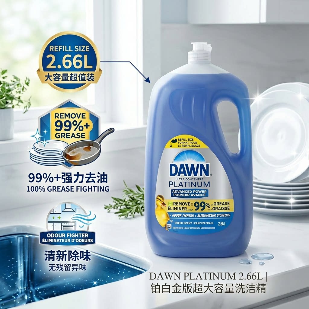 美国原产进口P&G宝洁DAWN 铂金版小黄鸭洗洁精4倍强效去污剂2.66L