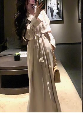 双排扣翻领垂感气质长袖风衣女士秋季优雅纯色松紧带收腰长款外套