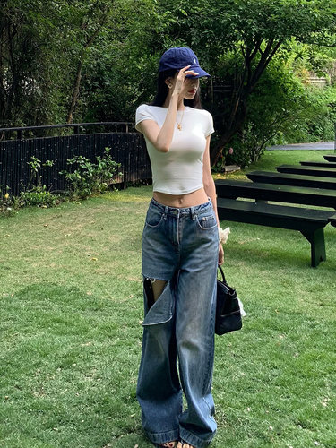 【现货】夏季新款时髦牛仔裤女撞色织带大破洞全棉直筒阔腿长裤