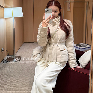 「m nc1er羊毛呢羽绒服」老钱呢料系带90白鸭绒保暖外套立领减龄