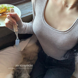 休闲 U领打底内搭上衣女长袖 「Bi囤裸感真丝羊毛针织衫 」基础修身