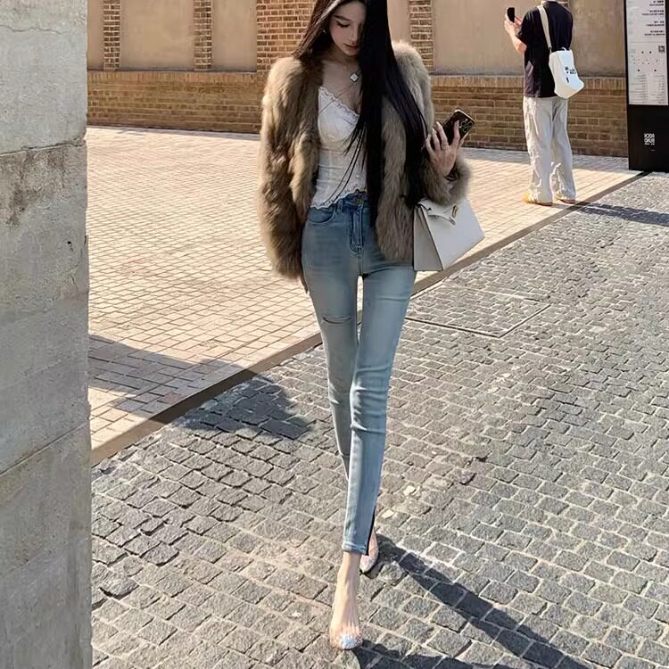 早秋新款牛仔小脚裤女水洗破洞磨白弹力修身长裤
