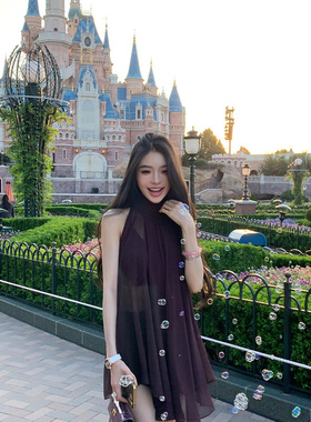 FBB limit夏季新款超大用料定染紫色长飘带无袖雪纺衫气质上衣女