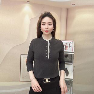 休闲风灰色半高领蕾丝边打底衫冬新品加绒木耳边长袖上衣百搭小衫