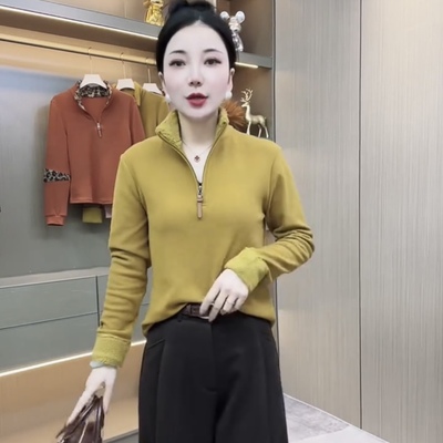 深棕色女款立领拉链显瘦保暖卫衣