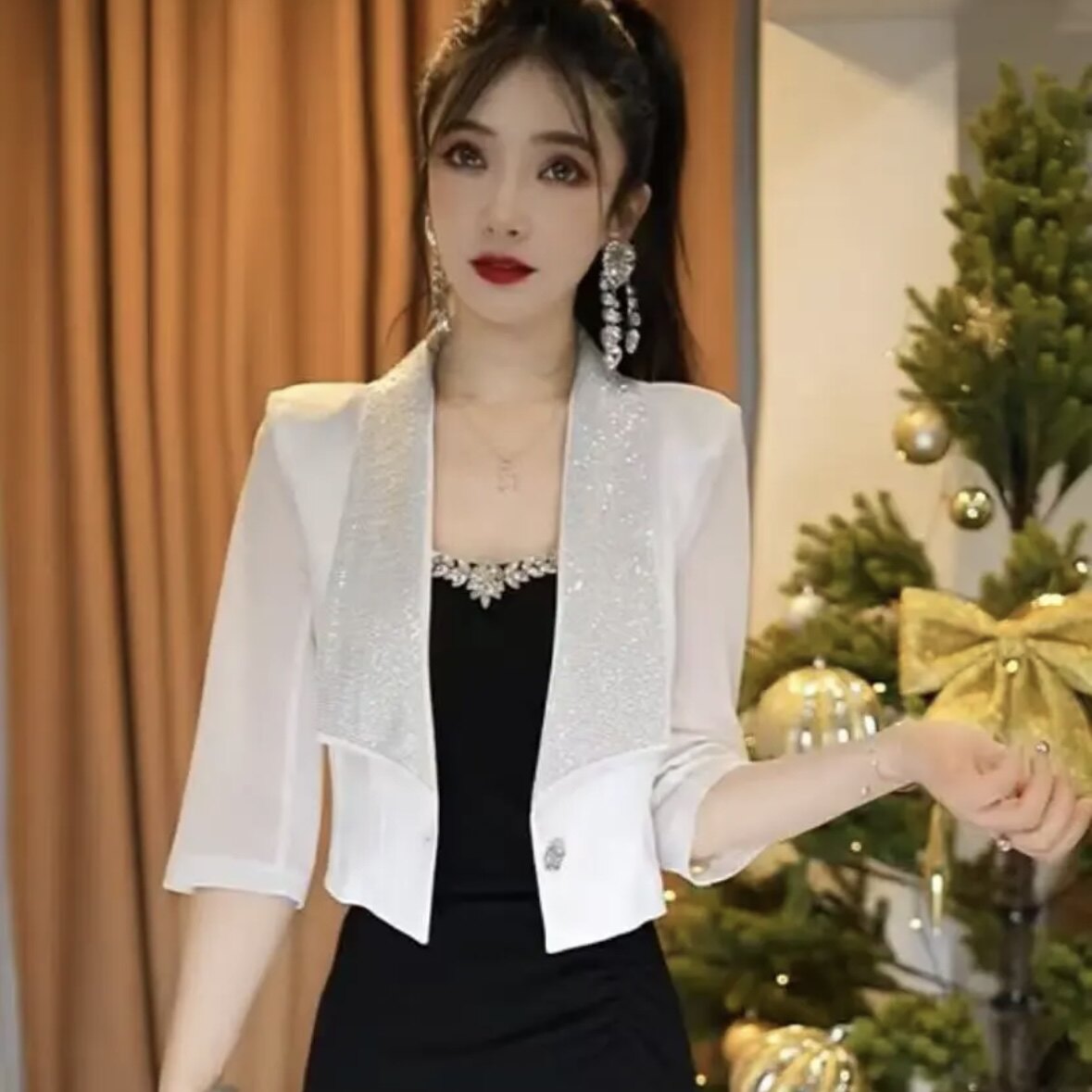洋气时尚翻领重工烫钻西服外套女新款网纱拼接短款开衫时髦防晒衣