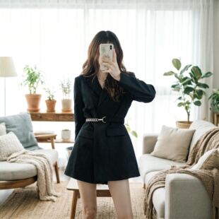 套装 春早秋新品 外套短裤 显瘦西服女腰带款 裙 黑色收腰西装 西装