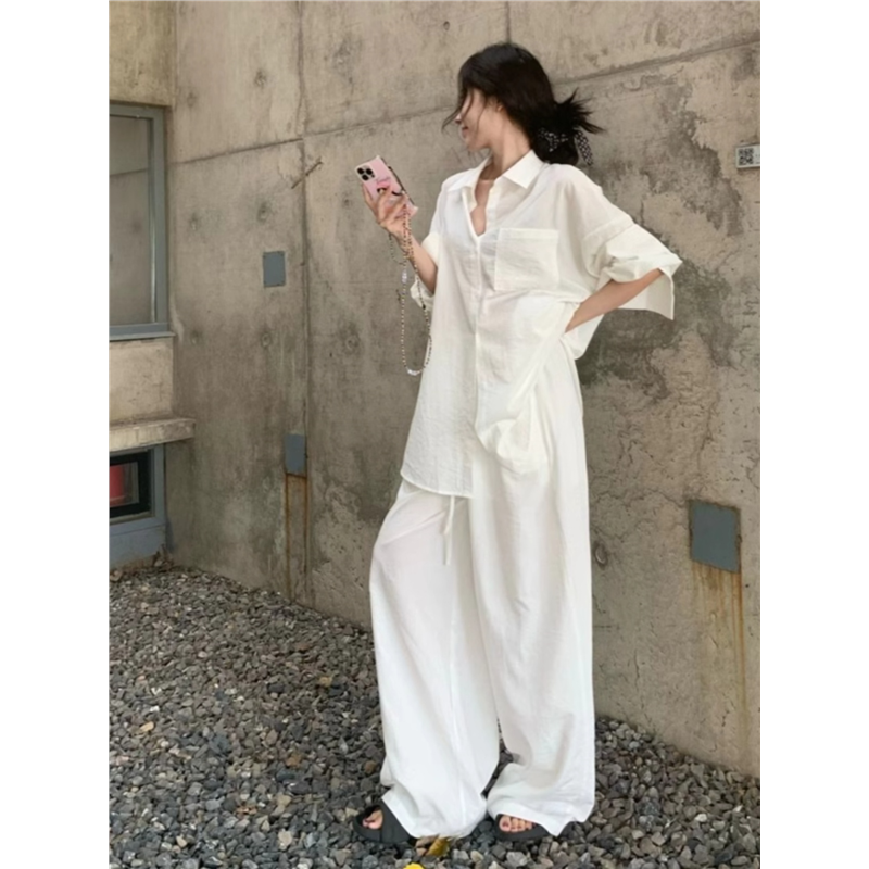 小众春夏韩版松弛感慵懒套装宽松休闲衬衫高腰系带亚麻休闲阔腿裤