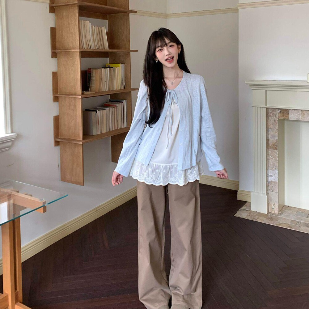 早秋新款小众温柔风蓝色开衫上衣百搭时髦甜美小吊带蕾丝拼接女装