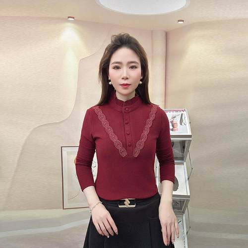 冬季红色蕾丝花边保暖长袖T恤