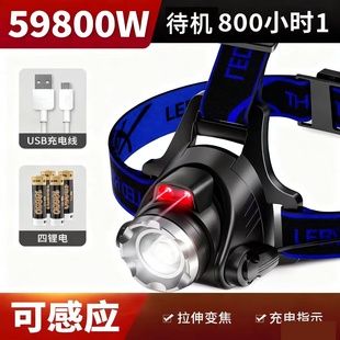 神鱼头戴式头灯变焦强光充电感应超亮电筒多功能夜钓led户外照明