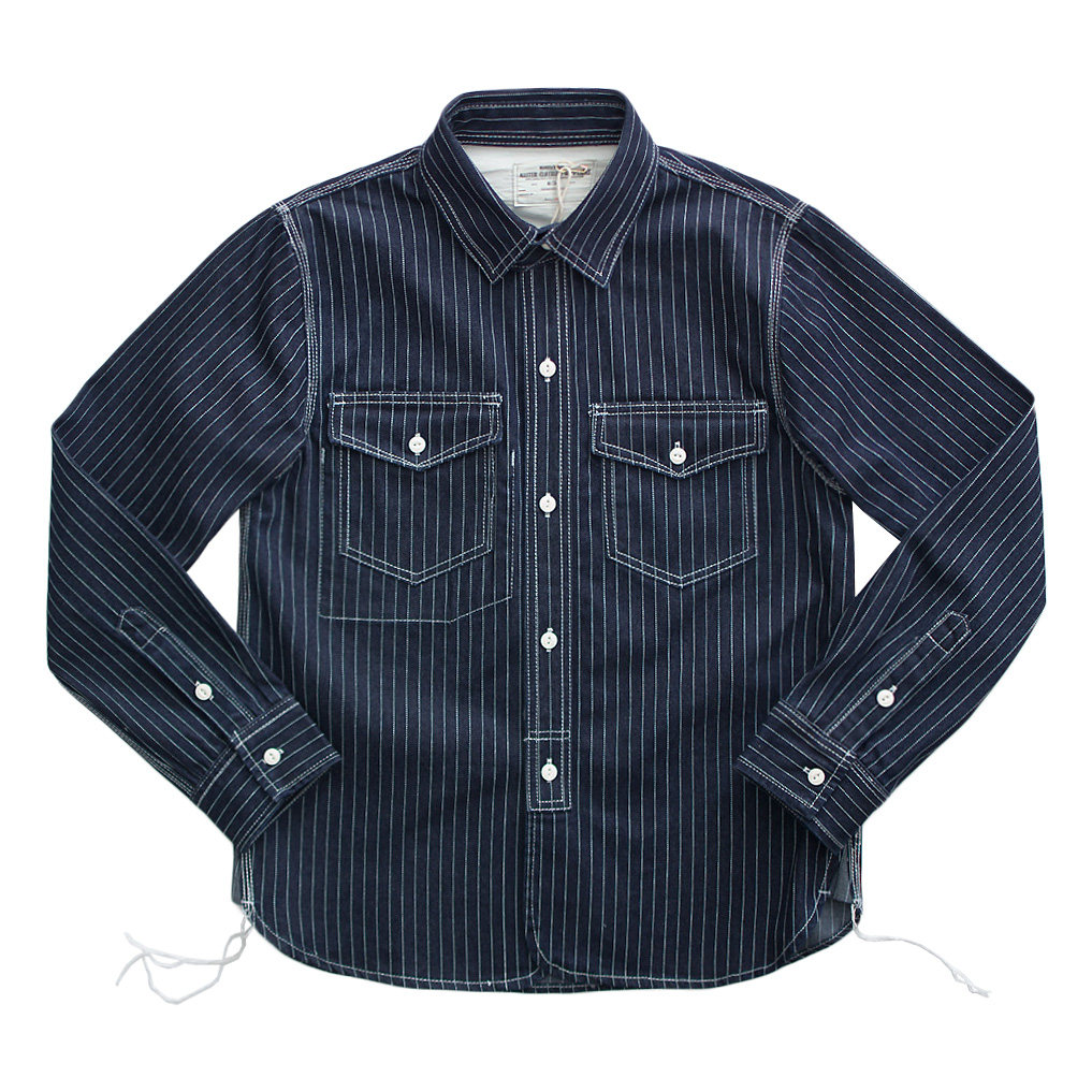 thumbnail for Heavyweight 12.5oz American Retro Amekaji Pure Cotton Double-Pocket Thick Indigo Striped Workwear Denim Shirt for Men