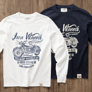 复古阿美咔叽机车印花纯棉打底衫 美式 体恤秋 T恤男士 280g重磅长袖