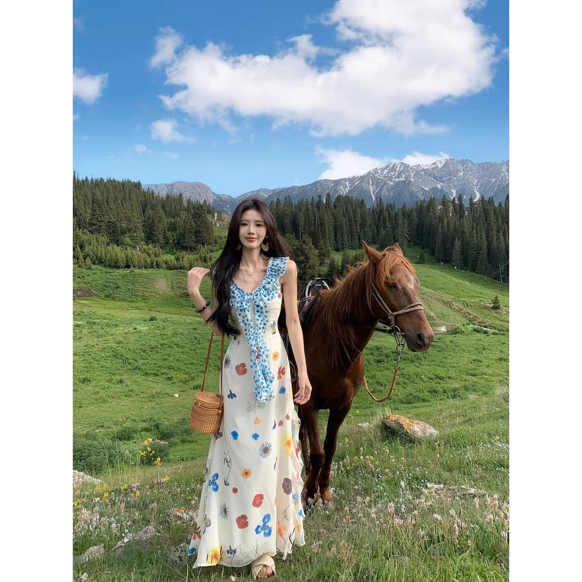 法式印花荷叶边连衣裙女夏日气质海边度假辣妹独特漂亮收腰长裙子