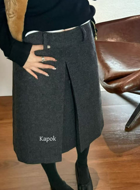 Kapok 秋冬50%羊毛半身裙韩版高腰显瘦百搭A字毛呢中裙子女35032
