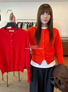 widelia陈姬儿秋冬红色羊毛针织衫毛衣圆领长袖开衫上衣外套03899