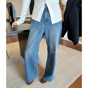 widelia陈姬儿秋冬磨破蓝色窄版阔腿裤牛仔裤女韩显瘦直筒裤17012