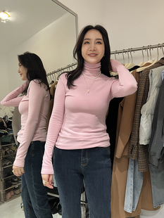widelia陈姬儿秋冬樱粉色长袖上衣加绒堆堆领内搭高领打底衫9183