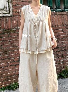 hers 一勺甜夏季双层无袖马甲背心设计感上衣假两件绑带小衫20979