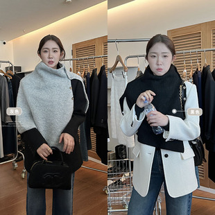 陈姬儿冬季韩系开叉高领围脖针织披肩保暖护颈围巾羊毛套头脖套女