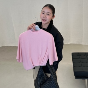 widelia陈姬儿春季半高领小立领短袖T恤女宽松打底五分袖上衣7061