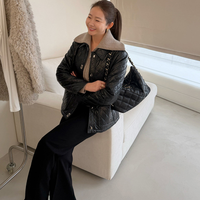 widelia陈姬儿冬季高级感小众菱形格黑色皮衣保暖棉服外套8191