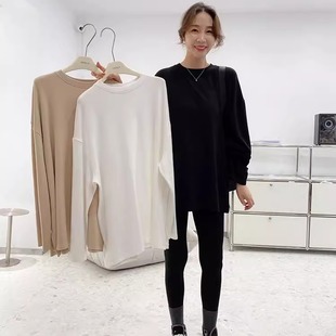 widelia陈姬儿薄绒长袖垂感果冻T恤遮屁股白色侧开叉宽松打底衫女