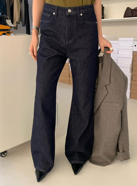 WAITMORE 冬季新款加绒微喇牛仔裤女高腰显瘦百搭深蓝色长裤7025