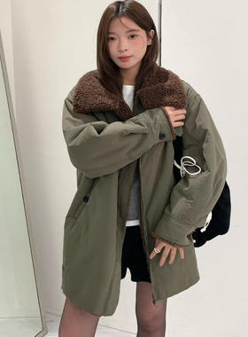 WAITMORE 冬季复古帅气大翻领派克服中长款工装羊羔毛外套6272