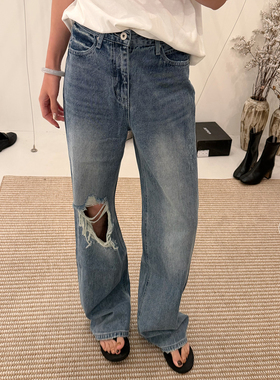 WAITMORE 春季复古美式破洞牛仔裤男友风街头宽松直筒长裤1326