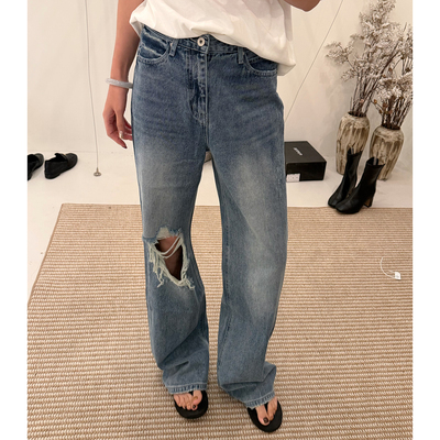 WAITMORE 春季复古美式破洞牛仔裤男友风街头宽松直筒长裤1326