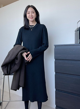 widelia陈姬儿秋冬黑色内搭打底针织连衣裙长款木耳边小黑裙9315