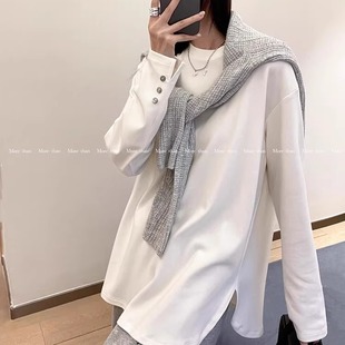 新款 口纽扣设计中长款 磨毛长袖 女袖 T恤上衣811 打底衫 2025冬季