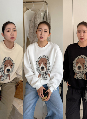 widelia陈姬儿冬季卡通小狗印花加绒卫衣女休闲百搭圆领上衣8237