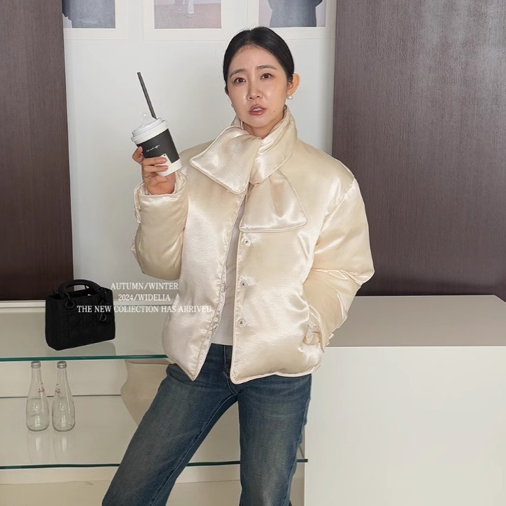 widelia陈姬儿冬季新中式国风缎面外套围巾领棉服外套女9390